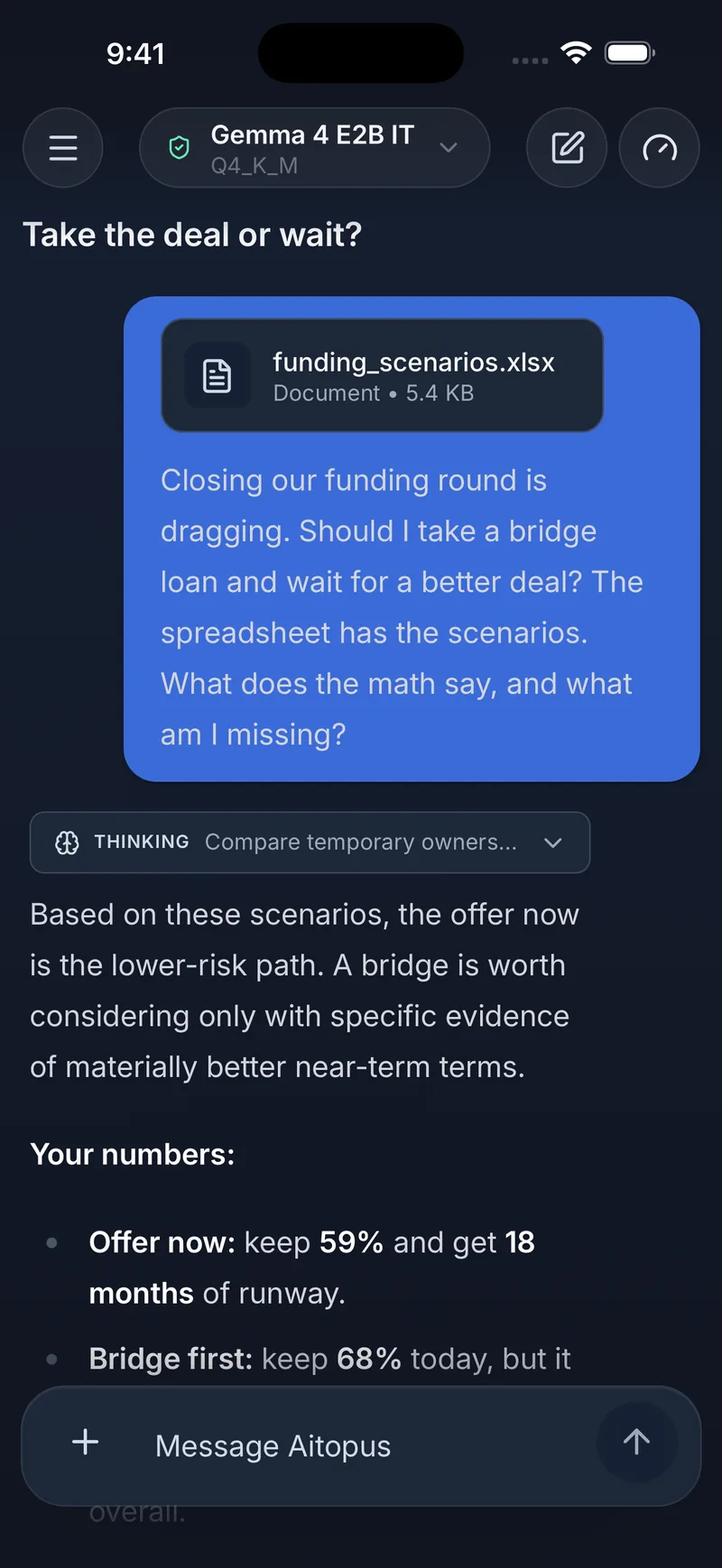 Aitopus on iPhone, answering a question about a funding spreadsheet.