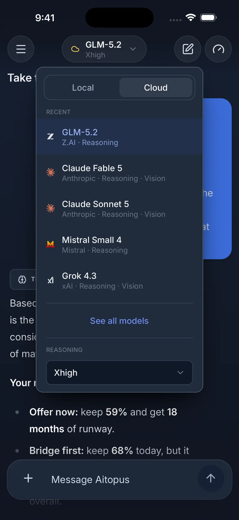 The Aitopus model picker on its Cloud tab, listing models from Z.AI, Anthropic, Mistral and xAI.