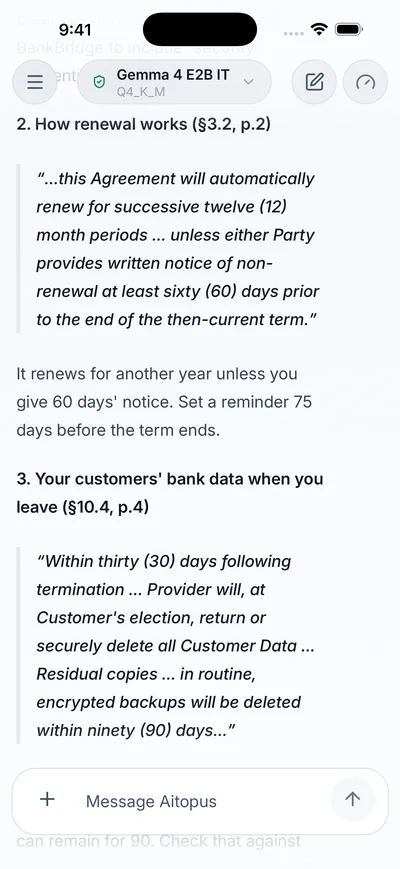 On iPhone, the answer quotes each clause of the contract with its page.