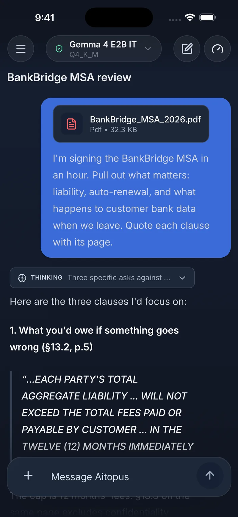 Aitopus on iPhone: a contract PDF attached to a question, and the start of an answer quoting its clauses.
