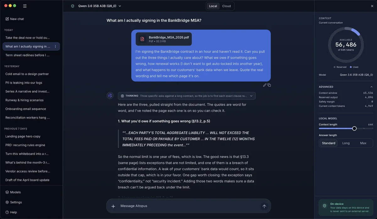Aitopus on a Mac, answering a question about a contract with quotes from the document.