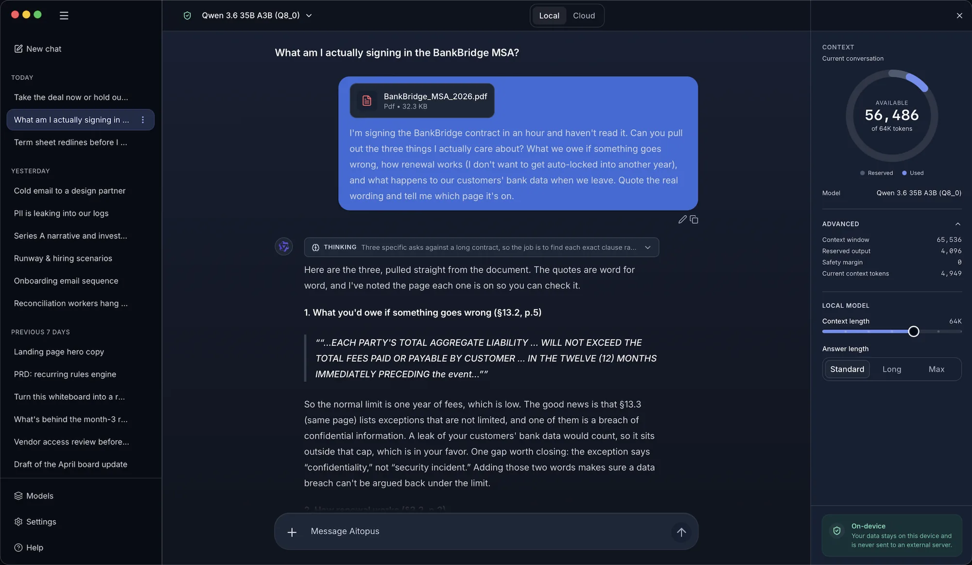 Aitopus on a Mac, answering a question about a service contract with quotes from the attached PDF and the page each one is on.
