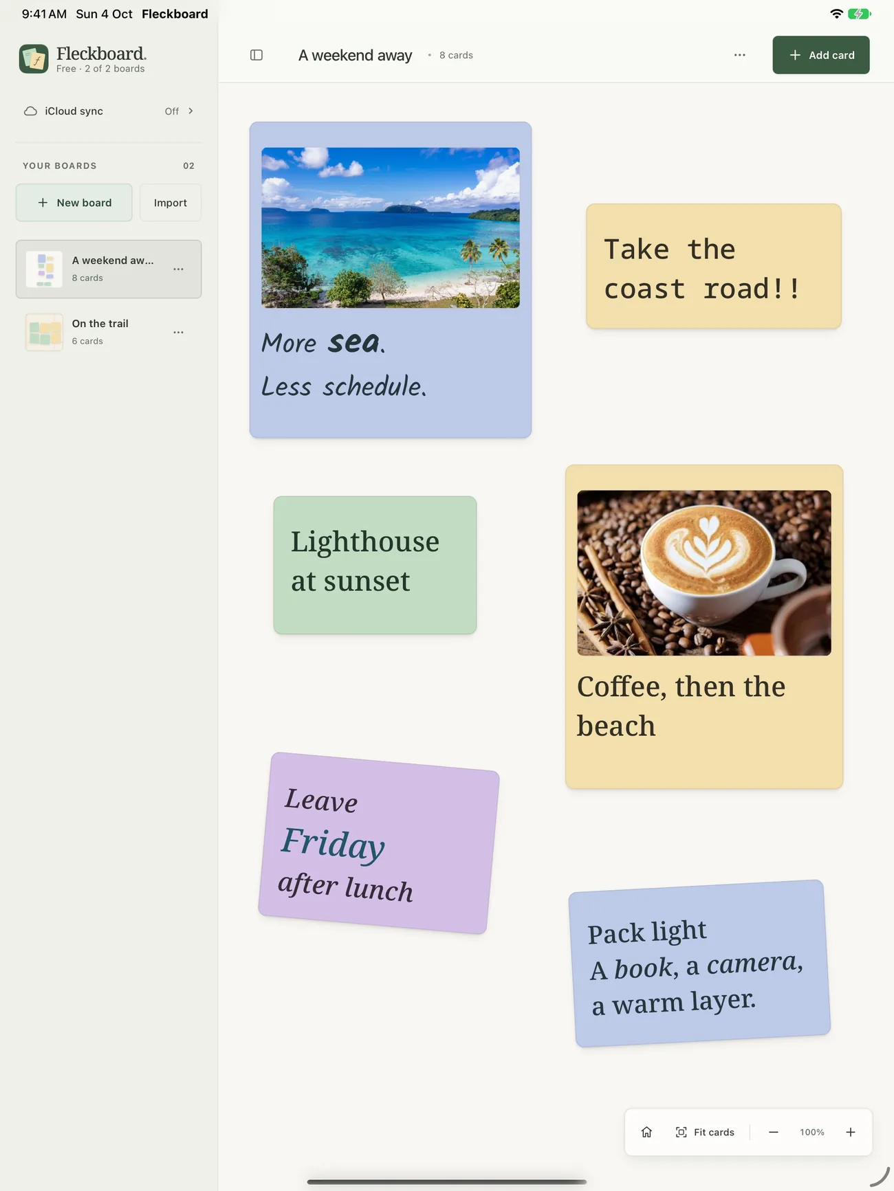 Fleckboard on iPad: a sidebar of boards beside photo and note cards in several colours.