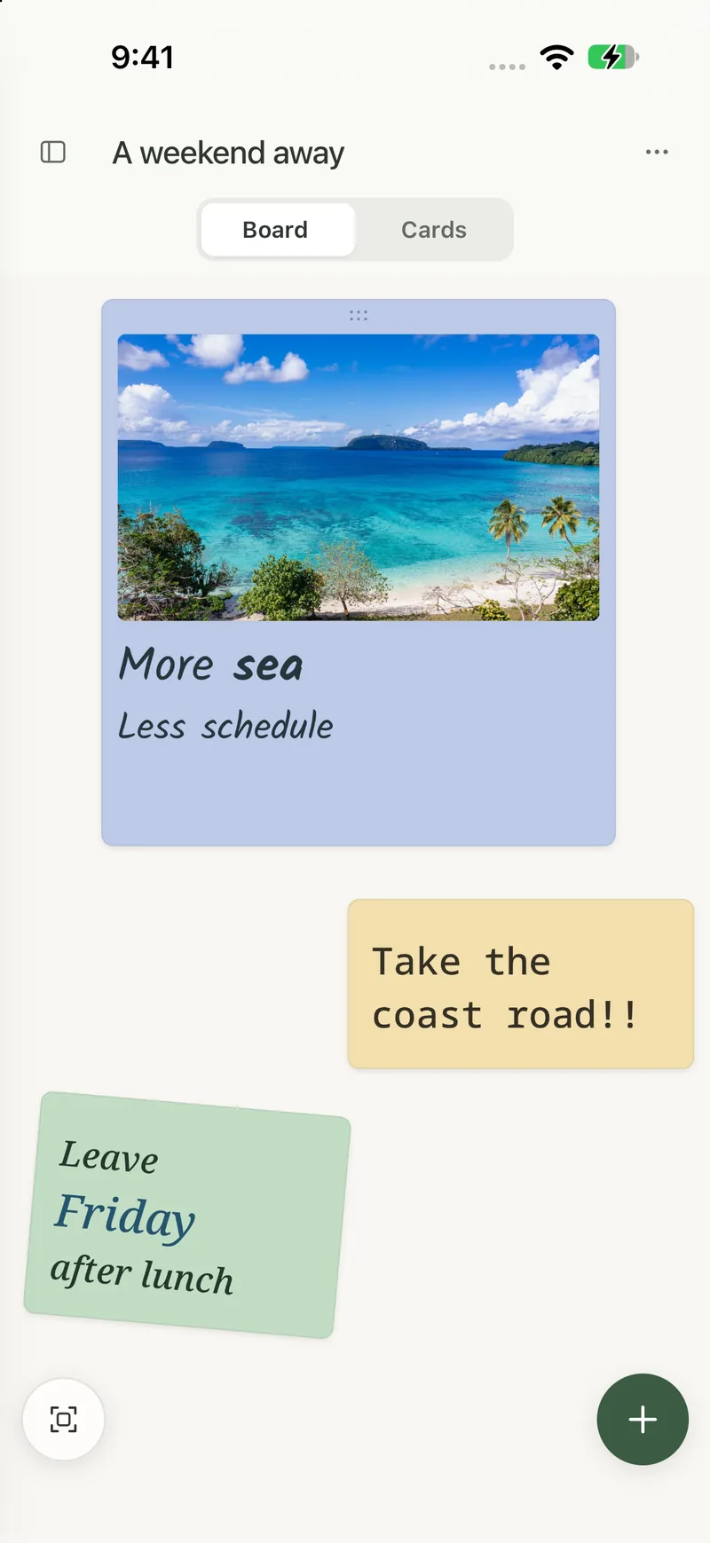 Fleckboard on iPhone in Board view, with cards placed freely.