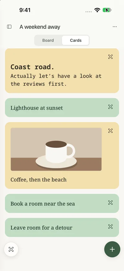 On iPhone, the same board as a list of cards.