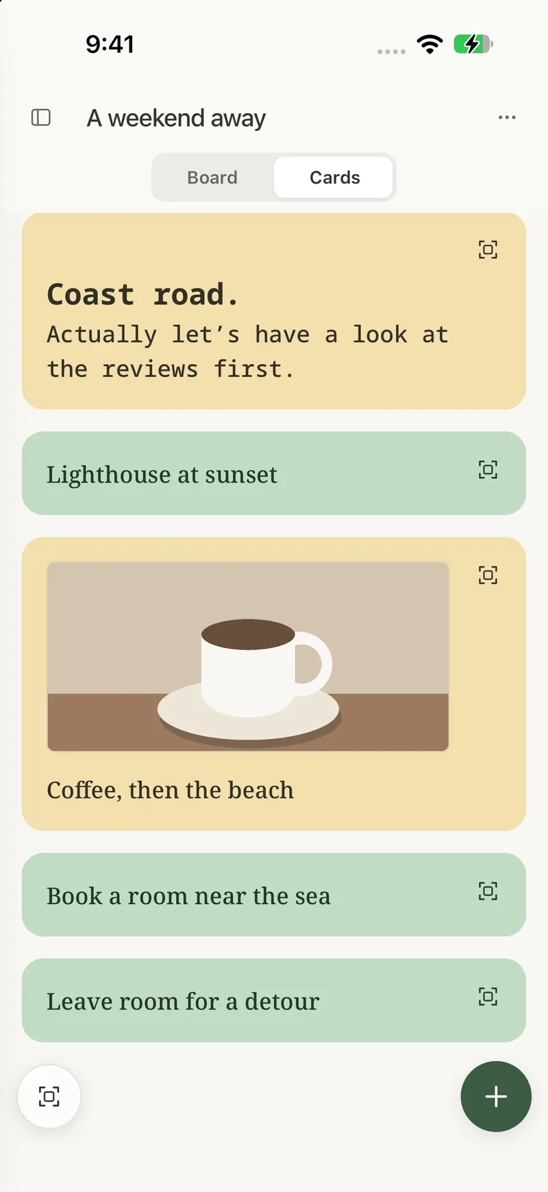 Fleckboard on iPhone in Cards view, with the same cards listed one after another.