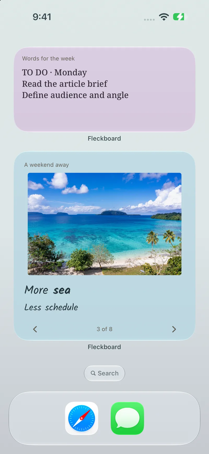 Two Fleckboard widgets on an iPhone Home Screen.