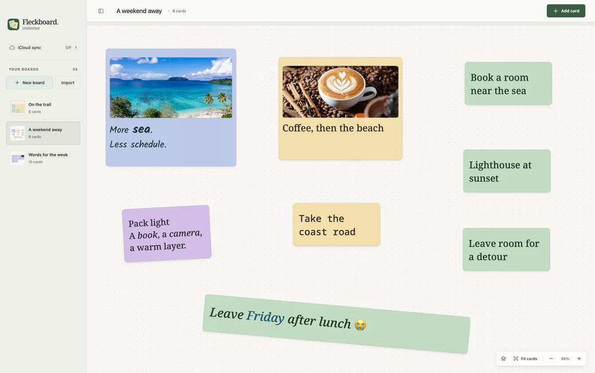 Fleckboard on a Mac: a board of photo and note cards for a weekend away.