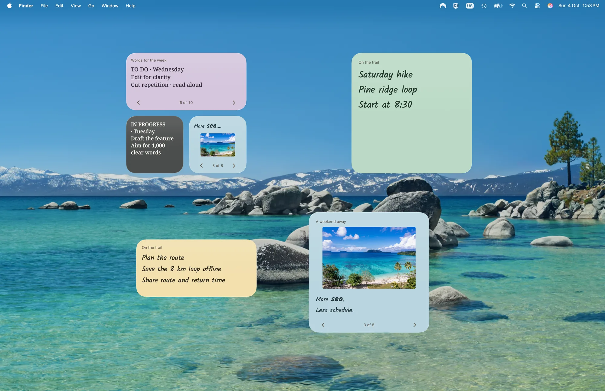 Fleckboard widgets on a Mac desktop, each showing a card from a different board.